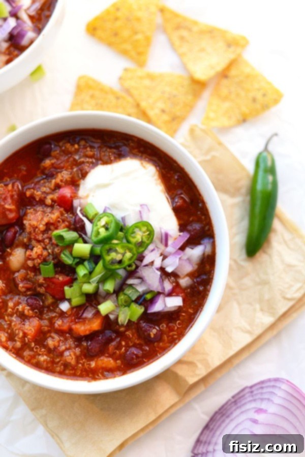 10 Ultimate Tailgate Chili Recipes 3 Bowl of Roasted Red Pepper Quinoa Chili, a healthy tailgating option.