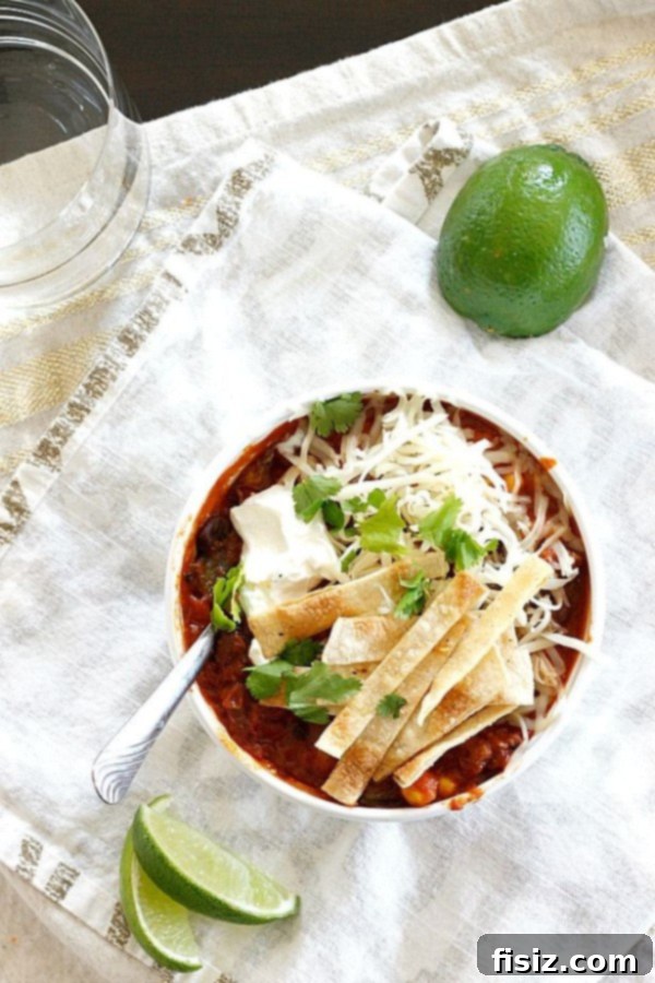 10 Ultimate Tailgate Chili Recipes 7 Spicy Chorizo and Poblano Chili, garnished and ready to serve.
