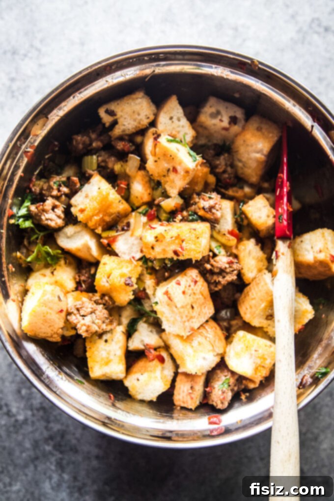 Spicy Sausage and Pepper Stuffing 7 Bread stuffing in a bowl